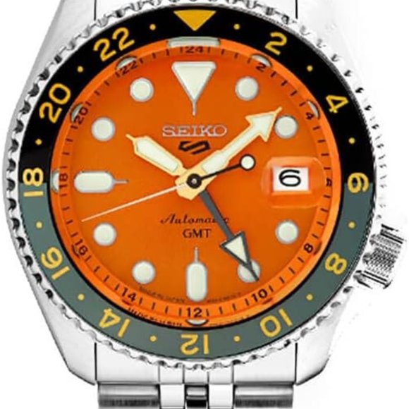 NEW SEIKO 5 SPORTS MEN'S SSK005 AUTOMATIC ORANGE DIAL GMT STAINLESS WATCH - Picture 2 of 8